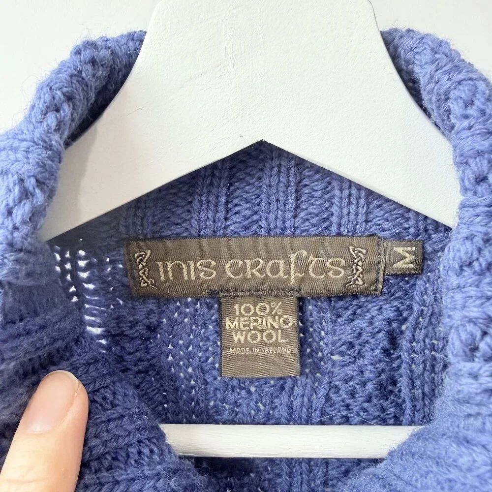 Inis Crafts Blue Fisherman Cable Knit Zip Cardigan Sweater Size M D52